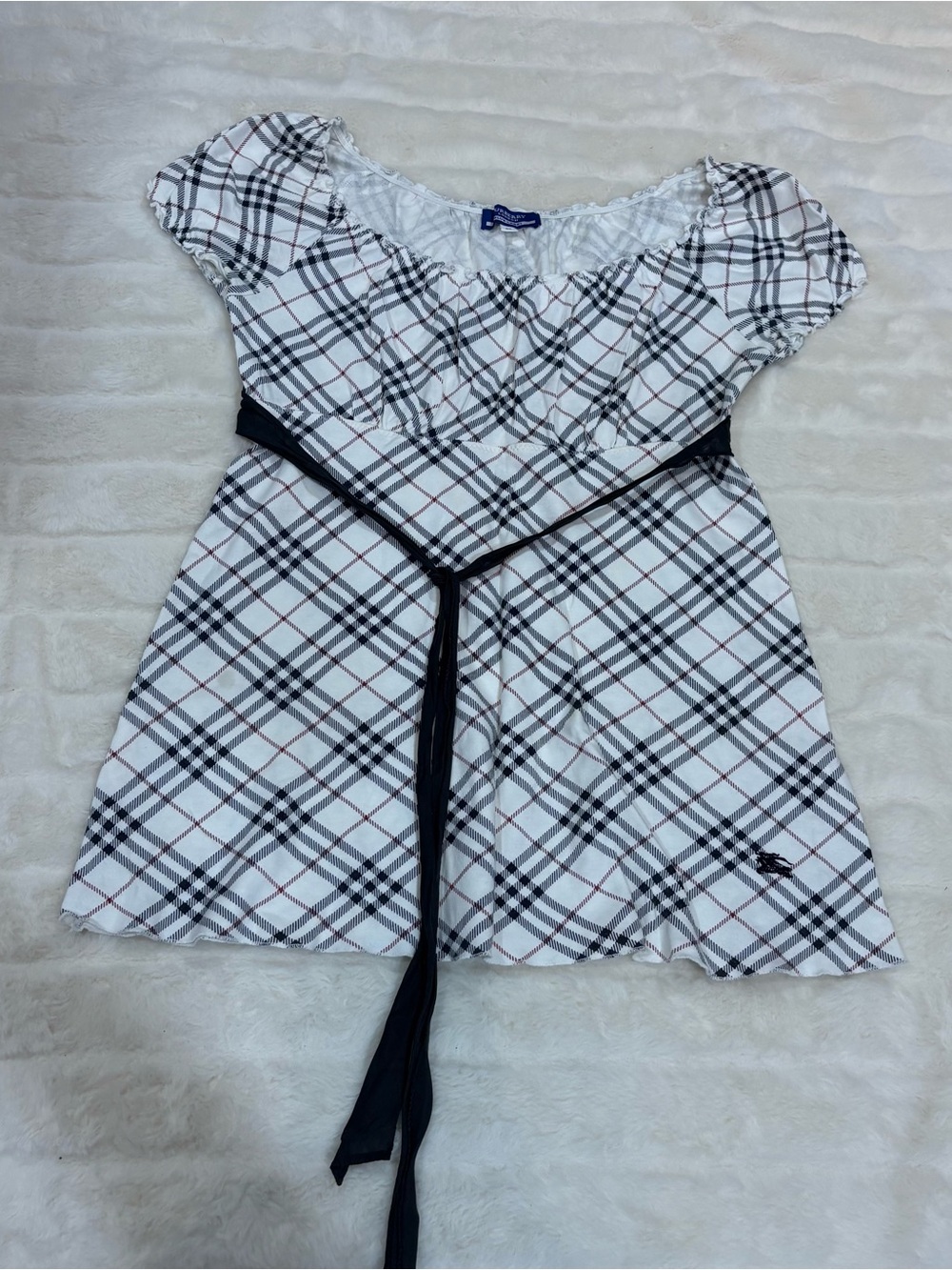 Burberry White Plaid Girls' Short-Sleeve Top with Black Waist Tie